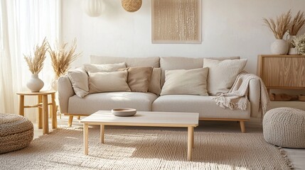 A small apartment living room with a Scandinavian interior with a sofa and a wooden table. Generative AI
