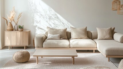 A small apartment living room with a Scandinavian interior with a sofa and a wooden table. Generative AI
