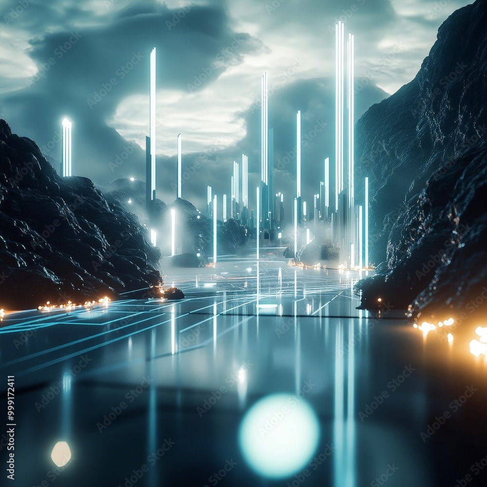 Poster quote over a futuristic landscape with glowing lights and clean lines, creating a dynamic and forwar