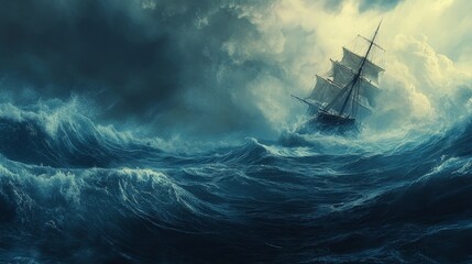 Obraz premium Quote over a stormy ocean with a ship in the distance, symbolizing courage and resilience.
