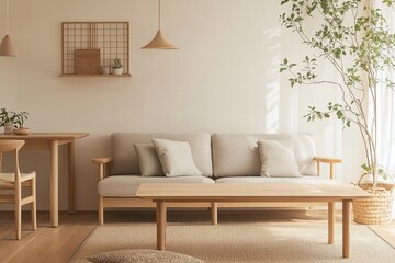 Fototapeta premium Interior photograph of a modern living room with a Scandinavian interior and a japandi interior combination. Generative AI 