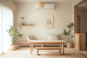 Photographed wood furniture and interior decorations from a Scandinavian interior and a japandi interior combination. Generative AI
