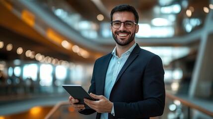 Professional Man Holding Tablet in Modern Workspace