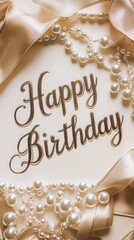 Happy Birthday Card with Pearls and Ribbon.