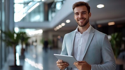 Confident Man Holding Tablet in Modern Indoor Space