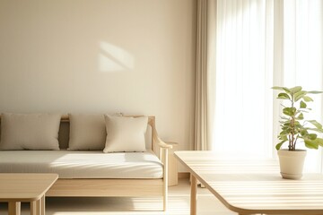 Fototapeta premium A close-up of the table in the living room interior of a Scandinavian interior and a japandi interior combination. Generative AI 