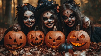 Girls Celebrating Halloween with Pumpkins and Costumes