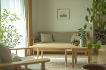 A modern living room photo of a Scandinavian interior and a japandi interior combination with art-framed walls and sofas. Generative AI
