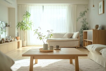 Fototapeta premium Photographed the living room of a combination of Scandinavian and japandi interiors in a modern house. Generative AI 