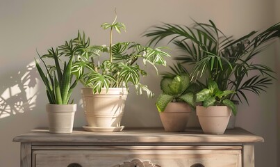 Indoor potted plants on top of dresser an old wooden chest of drawers