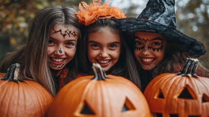 Fototapeta premium Halloween Themed Photoshoot with Pumpkins and Witches in the Forest