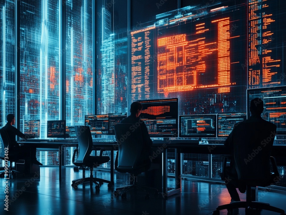 Poster ransomware detected by security systems, with alerts flashing and it professionals working to restor