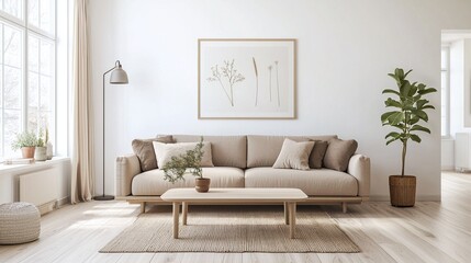 Fototapeta premium A modern living room photo of a Scandinavian interior and a japandi interior combination with art-framed walls and sofas. Generative AI 