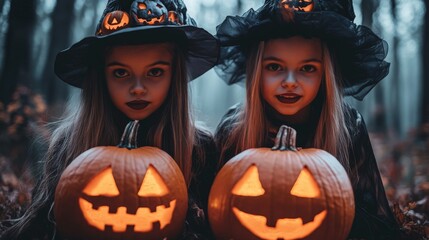 Girls Celebrating Halloween with Pumpkins and Costumes