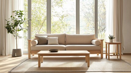 Fototapeta premium Interior photograph of a modern living room with a Scandinavian interior and a japandi interior combination. Generative AI 