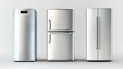 Three refrigerators are shown in a row, all of which are silver and white