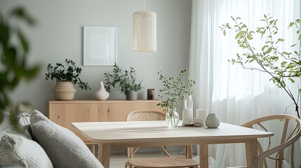 Interior photograph of a modern living room with a Scandinavian interior and a japandi interior combination. Generative AI
