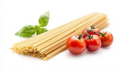 A bunch of spaghetti noodles and tomatoes are on a white background