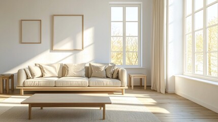 Fototapeta premium A modern living room photo of a Scandinavian interior and a japandi interior combination with art-framed walls and sofas. Generative AI 