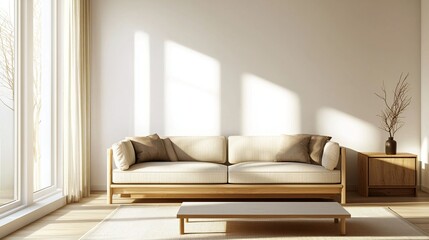 Fototapeta premium Photographed the living room of a combination of Scandinavian and japandi interiors in a modern house. Generative AI 