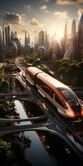 Futuristic train traveling through a high-tech cityscape at sunset.