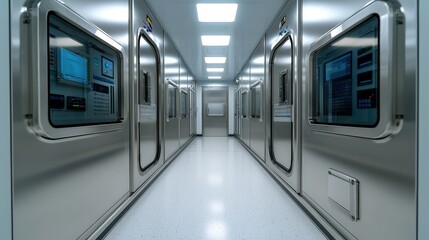 Obraz premium Modern Cleanroom Corridor with Stainless Steel Walls and High Tech Equipment