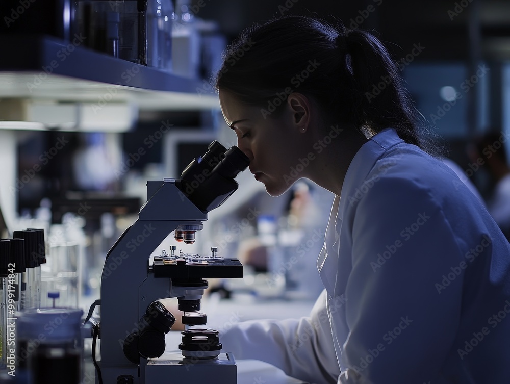 Poster scientists observing cells under a microscope in a lab, focusing on cellular processes like mitosis 