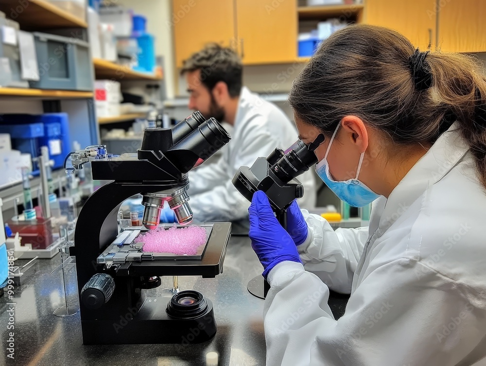 Poster scientists observing cells under a microscope in a lab, focusing on cellular processes like mitosis 
