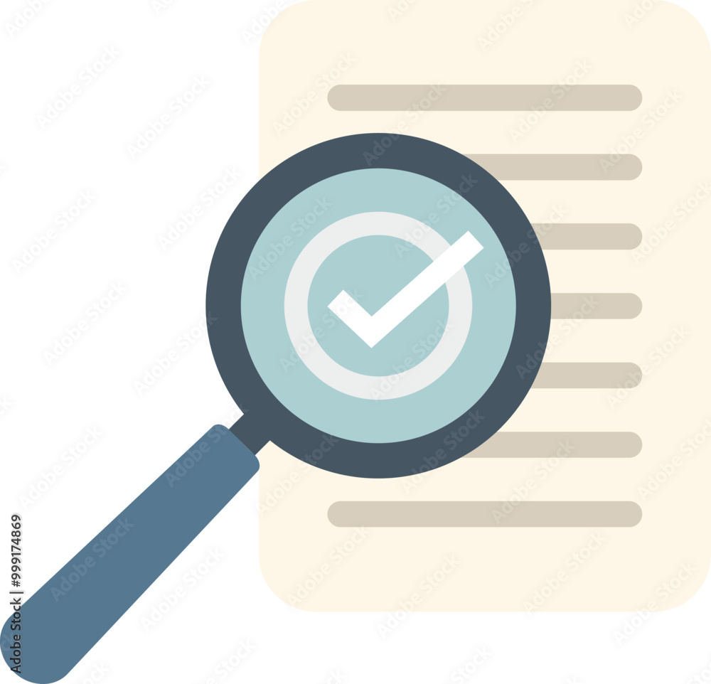 Poster magnifying glass is hovering over a document, validating its content with a check mark symbol