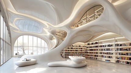 A modern, fluid library interior with organic shapes and ample natural light.