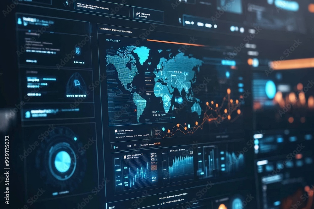 Poster security software displaying a dashboard with live alerts, vulnerabilities patched, and systems acti