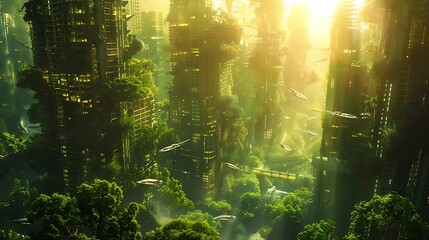 Futuristic cityscape blending nature and technology in a vibrant, green environment.