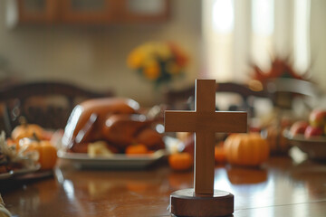 Christian Cross at Thanksgiving Dinner Highlighting Tradition of Blessing Food and Celebrating American Christian Culture with Roast Turkey