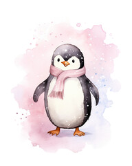 Fototapeta premium A cute penguin wearing a pink scarf stands in a watercolor painting