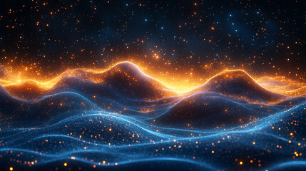 blue and gold particles forming waves, symbolizing the flow of energy, creativity, and the harmony between technology and nature
