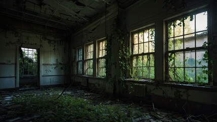 A darkened room in an abandoned asylum, overgrown with vines, features broken windows and a decaying floor
