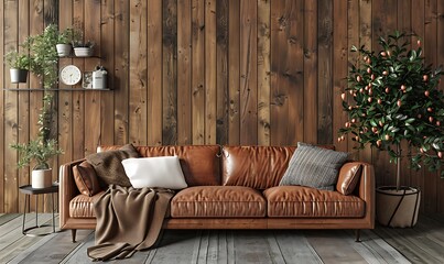 Interior of modern living room with brown sofa, coffee table and plant.