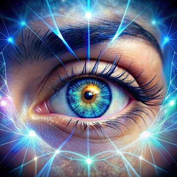 A single, close-up view of a human eye with a blue iris. The eye is surrounded by glowing lines, possibly representing sensory stimulation