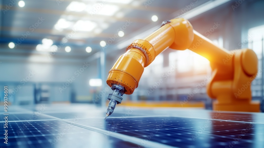 Poster a robot is seen in a factory with a tool in its hand