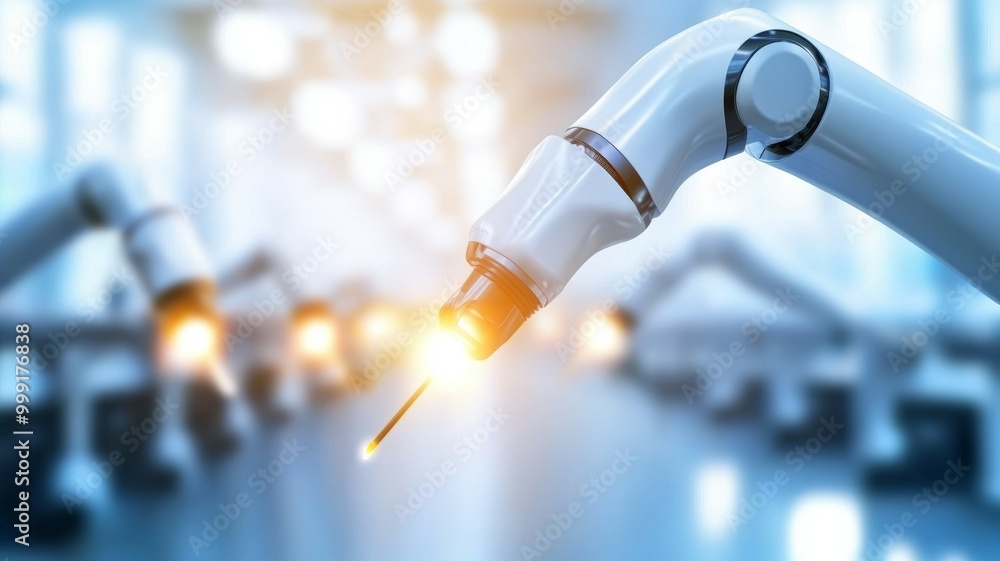 Poster a robot is holding a tool and is surrounded by other robots