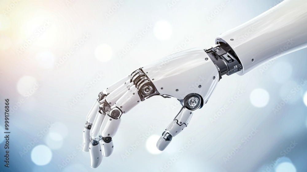 Poster a robotic hand is shown in a blurry image with a white background