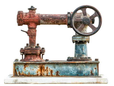 Rusty industrial machine with a large wheel, white isolate background transparent background.