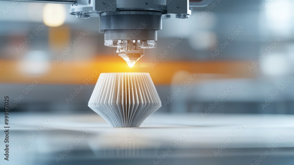 Poster a 3d printer is creating a white object with a yellow light