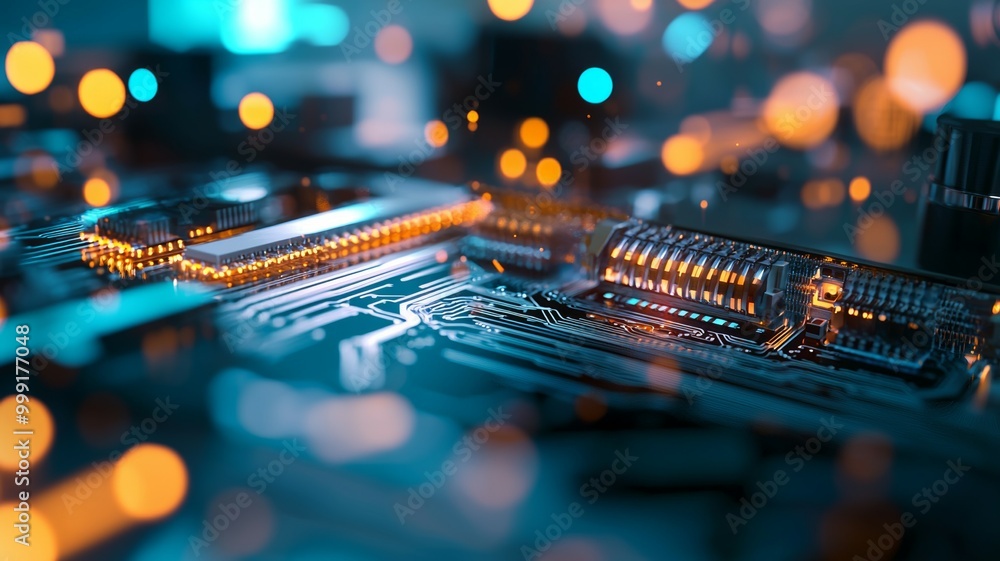 Poster a close up of a computer chip with a blurry background
