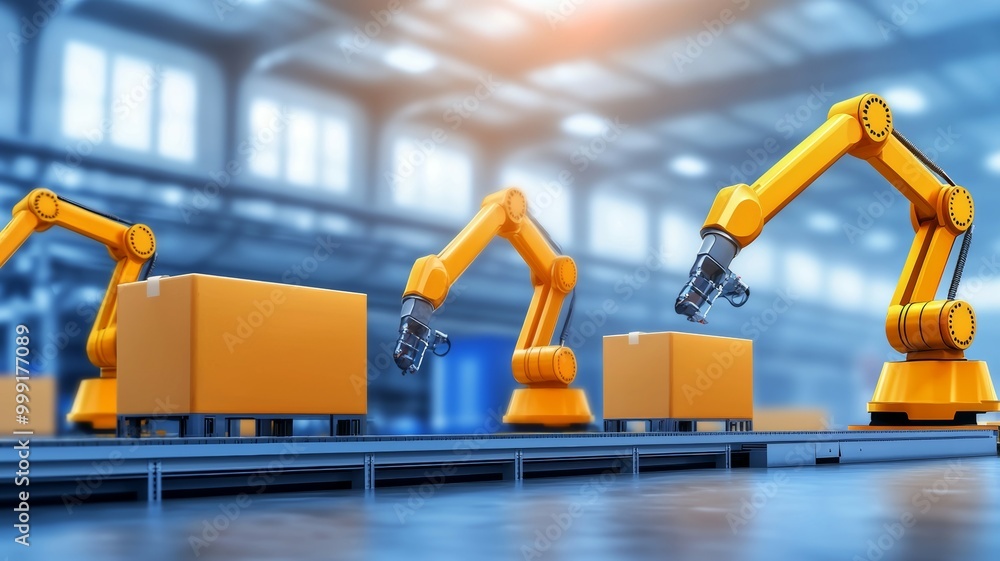 Poster three robots are working in a factory, assembling boxes