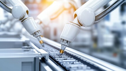 Two robotic arms are working together to assemble a product