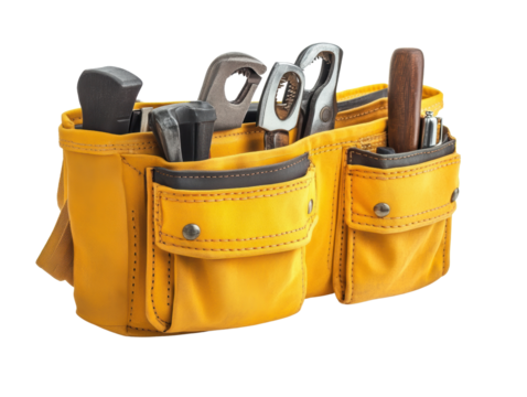 Yellow tool belt with various tools, isolated on white background. transparent background.