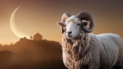 Majestic Ramadan Sheep Stands Proudly Against the Twilight Sky Showcasing Cultural Heritage and Beauty. Generative AI