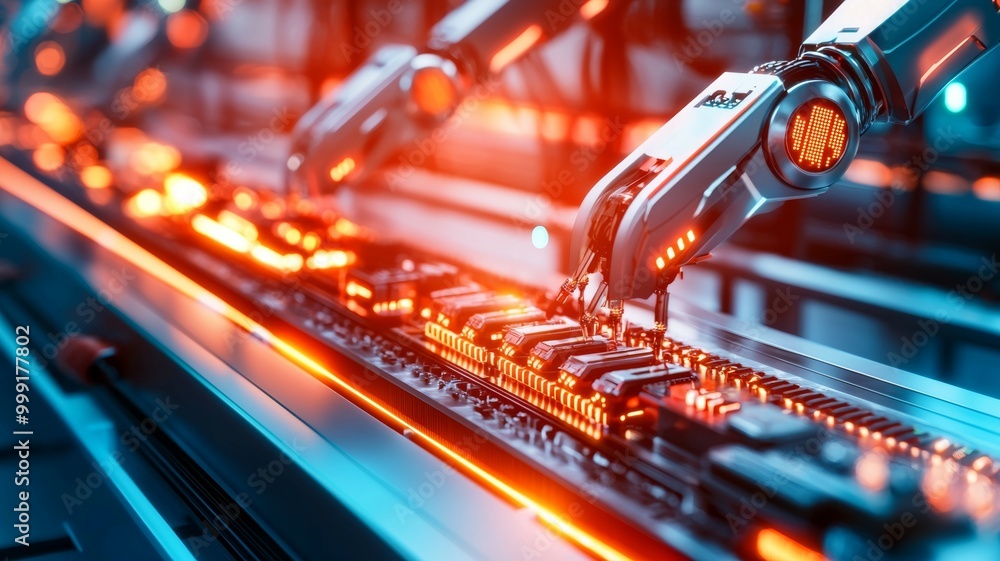 Poster a robot is working on a circuit board with a bright orange glow