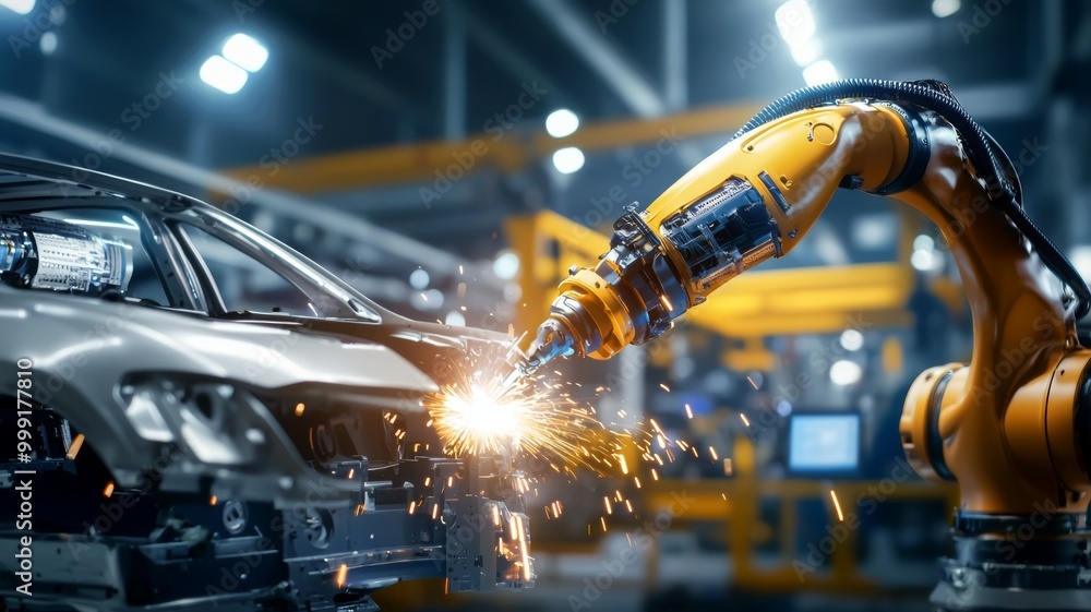 Poster a robot is working on a car in a factory